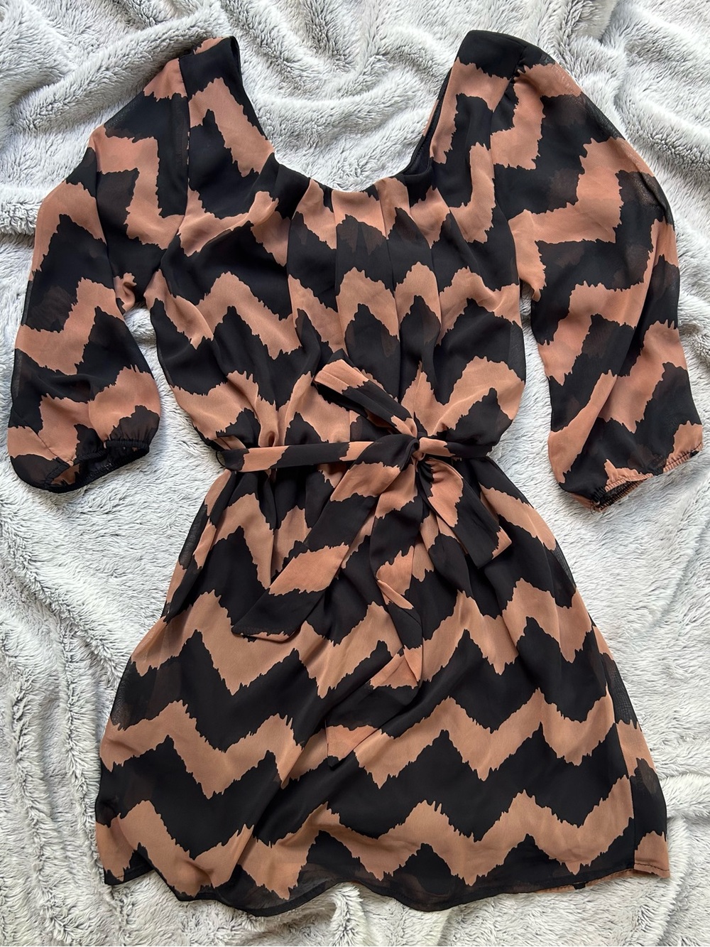Lily Rose Black and Brown Zigzag Print Belted Dress